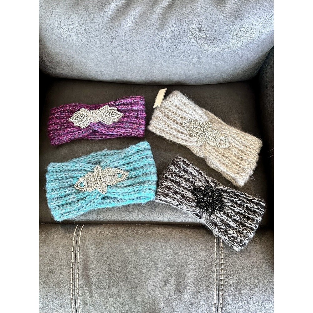 Set Of 4 Mohair Headbands With Rhinestone Pendants NWT Black~ Gray~Teal~Fuscia